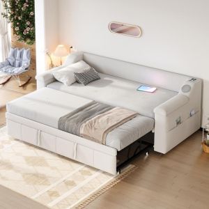 Canapé cama tapizado convertible 90x190cm con cargador usb beige