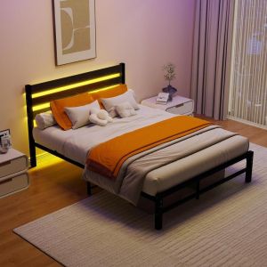Cama de metal 140x200cm con LED y usb, somier de lamas, negro