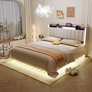 Cama tapizada 140x200cm con LED, usb y cabecero con almacenaje, beige