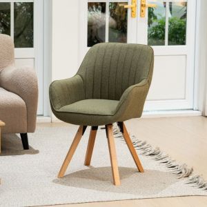 Meubles cosy - sillón giratorio de tela verde con base de madera de haya