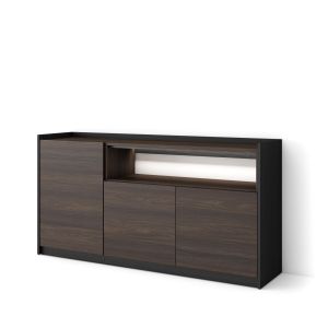 Aparador para salón, 156x37x80cm, roble oscuro y negro, LED rf4921