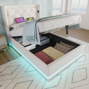 Cama tapizada 90x200cm canapé LED usb tipo c pu blanco con colchón