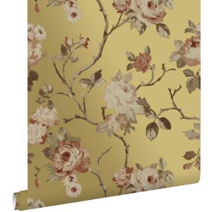 Estahome papel pintado flores vintage oro y rosa terracota 53 cm x 10.05 m