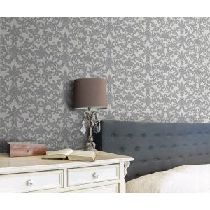 Papel pintado texturizado tnt damasco brocado en seda gris