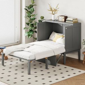 Cama abatible de pared convertible 90x200cm, almacenaje, gris