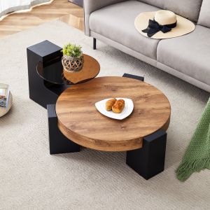 Mesa de centro redonda 2 niveles con mesa auxiliar cristal negro 30x61x61cm