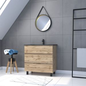 Mueble baño 80 cm roble + lavabo negro + espejo barbero