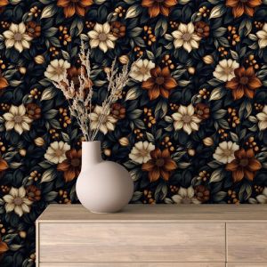 Papel floral elegante flores beige y marrón fondo negro 60cm por 250cm