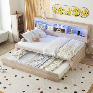 Cama nido 90x200 cm con LED, usb y almacenaje mdf – natural