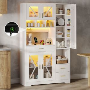 Aparador de cocina con vitrina, cajón, LED y enchufes blanco 185x105x40cm