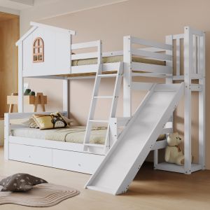 Litera 90/120x200cm con tobogán, 2 cajones madera maciza y mdf – blanco
