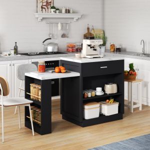 Isla de cocina con mesa extensible 2 cajones negra 89,5x211x55cm