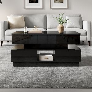 Mesa de centro elevable con LED enchufe y almacenaje negro 42,5x90x48cm