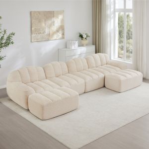 Sofá modular en u 4 plazas 2 otomanas polar granulado beige blanco