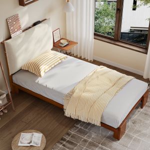 Cama tapizada 90x200cm con cabecero acolchado y somier madera – marrón