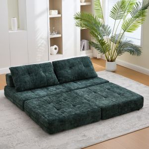 Sofá cama plegable chenilla verde esmeralda 1 plaza con cojines