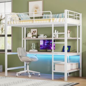 Cama alta 90x200cm con escritorio y estante, LED y usb metal y mdf – blanco