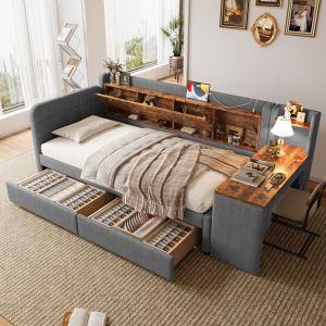 Sofá cama 90x200cm con escritorio, usb y cajones lino y mdf – gris