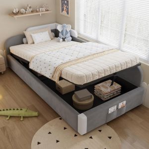 Cama con almacenaje hidráulico 90x200cm, barrera elevada, gris