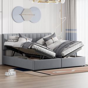 Cama tapizada 180x200cm con canapé hidráulico cabecero ajustable, lino gris