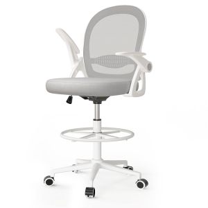 Silla de oficina con respaldo alto, reposabrazos abatibles, gris