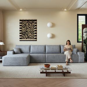 Sofá modular en l con chaise longue de tela gris gran formato sin montaje