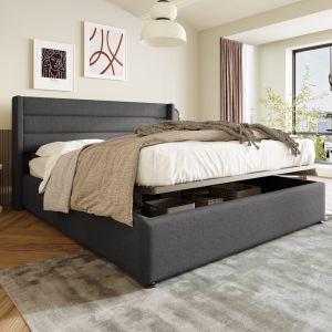 Cama tapizada 140x200cm con canapé hidráulico lino – gris