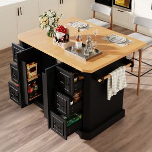Isla de cocina móvil 2 puertas 6 cajones negro 91x120x45cm