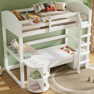 Cama alta 90x200 cm con escritorio extraíble y sofá madera maciza – blanco