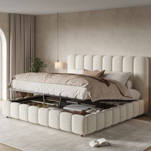 Cama tapizada 160x200cm con canapé y cabecero bouclé – color blanco