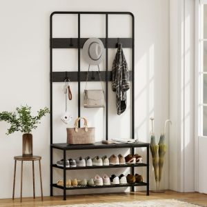 Mueble recibidor con perchero banco y zapatero negro