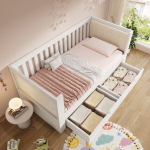 Sofá cama 90x200cm con 2 cajones y respaldo acolchado madera – blanco