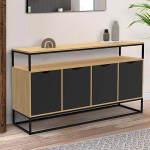 Aparador industrial de 4 puertas negro y madera - 140 cm