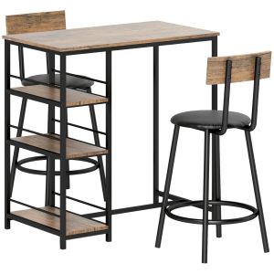 Mesa alta con dos taburetes de acero roble para cocina y comedor
