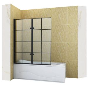 Mampara de bañera 2 hoja vidrio transparente, 120x150 cm, perfil negro
