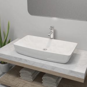 Lavabo de baño rectangular con grifo mezclador cerámica blanco es2241