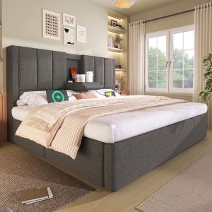 Cama tapizada,140x200,portavasos ocultos,gris