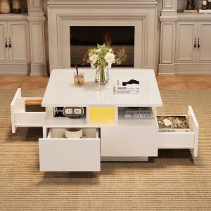 Mesa de centro con LED 4 cajones blanco brillo 40x70x70cm