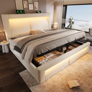 Cama tapizada 160x200 cm con canapé, LED y usb terciopelo – color beige