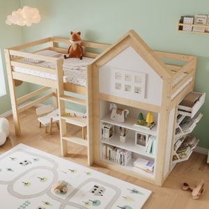 Cama alta 90x200cm con cajones y estantes madera – blanco y natural