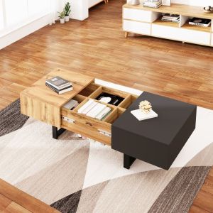 Mesa centro deslizante con almacenaje natural 100x55 cm