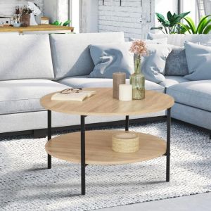 Mesa de centro redonda industrial - madera metal - 70 cm