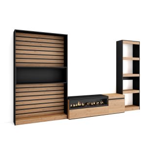 Muebles salón, 320x35x186cm, roble y negro, chimenea eléctrica rf2593