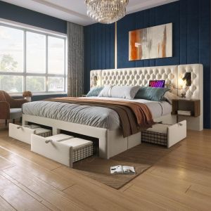 Cama tapizada 160x200cm con 2 mesitas y 4 cajones, terciopelo beige