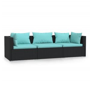 vidaXL sofá de 3 plazas con cojines ratán sintético negro