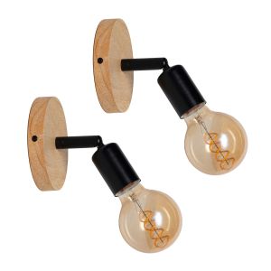 Conjunto de dos apliques de madera con soporte E27. Estilo rústico vintage