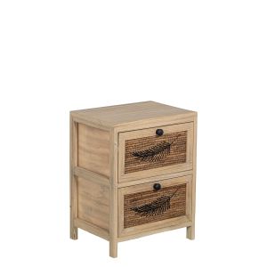 Cajonera madera con 2 cajones mimbre decoracion hoja, madera paulownia