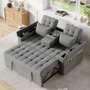 Sofá cama 2 plazas algodón lino gris respaldo ajustable almacenaje cojines