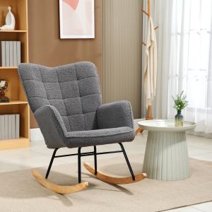 Sillón mecedor tapizado en poliéster gris oscuro con base de madera