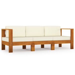 vidaXL sofá de jardín de 3 plazas con cojín crema madera maciza acacia